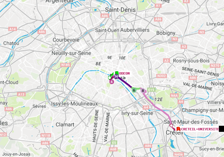 plan itinéraire ratp de Odéon à Créteil-Université