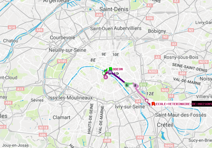 plan itinéraire ratp de Odéon à Ecole Vétérinaire de Maisons-Alfort
