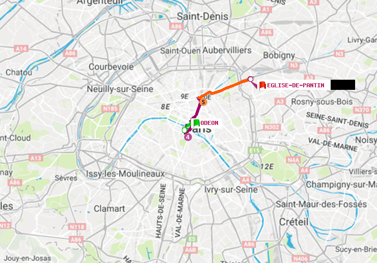 plan itinéraire ratp de Odéon à Eglise de Pantin