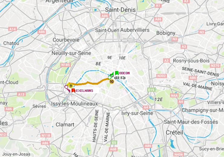 plan itinéraire ratp de Odéon à Exelmans
