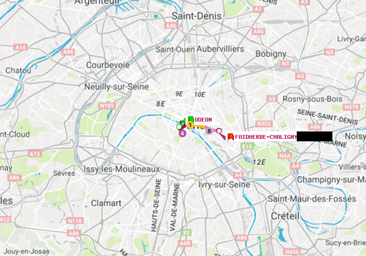 plan itinéraire ratp de Odéon à Faidherbe-Chaligny