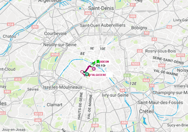 plan itinéraire ratp de Odéon à Falguière