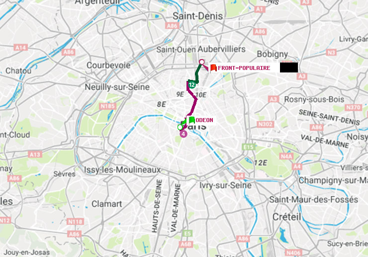 plan itinéraire ratp de Odéon à Front Populaire