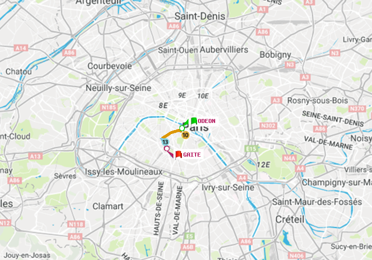 plan itinéraire ratp de Odéon à Gaité