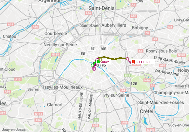 plan itinéraire ratp de Odéon à Gallieni (Parc de Bagnolet)