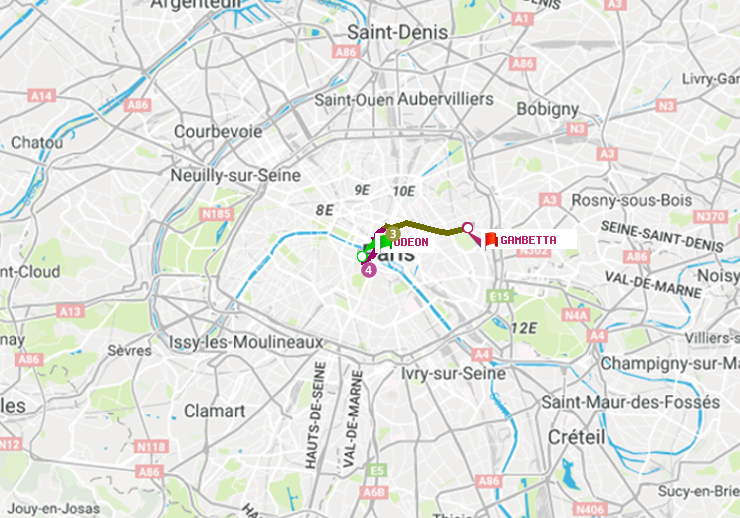 plan itinéraire ratp de Odéon à Gambetta