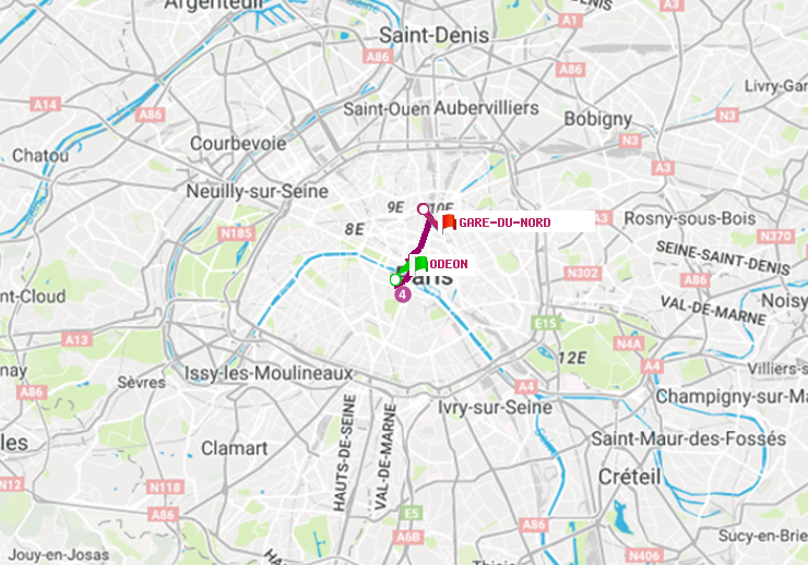 plan itinéraire ratp de Odéon à Gare du Nord