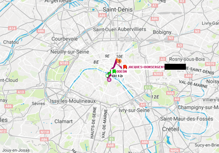 plan itinéraire ratp de Odéon à Jacques-Bonsergent