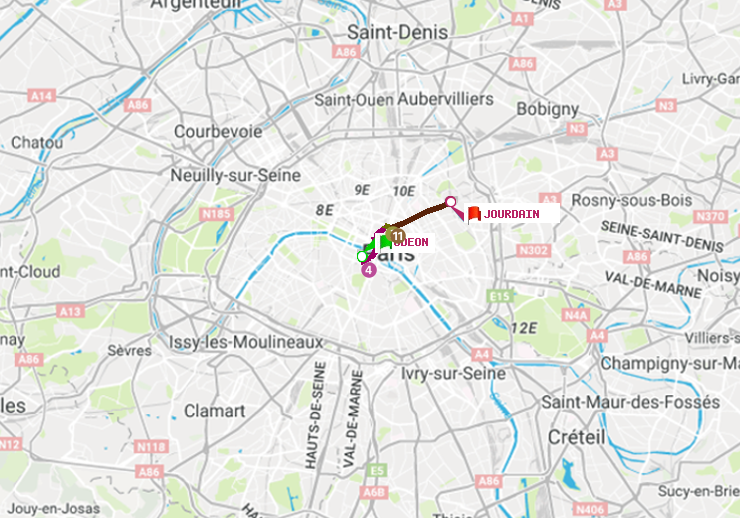 plan itinéraire ratp de Odéon à Jourdain