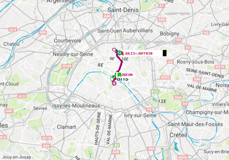 plan itinéraire ratp de Odéon à Jules Joffrin