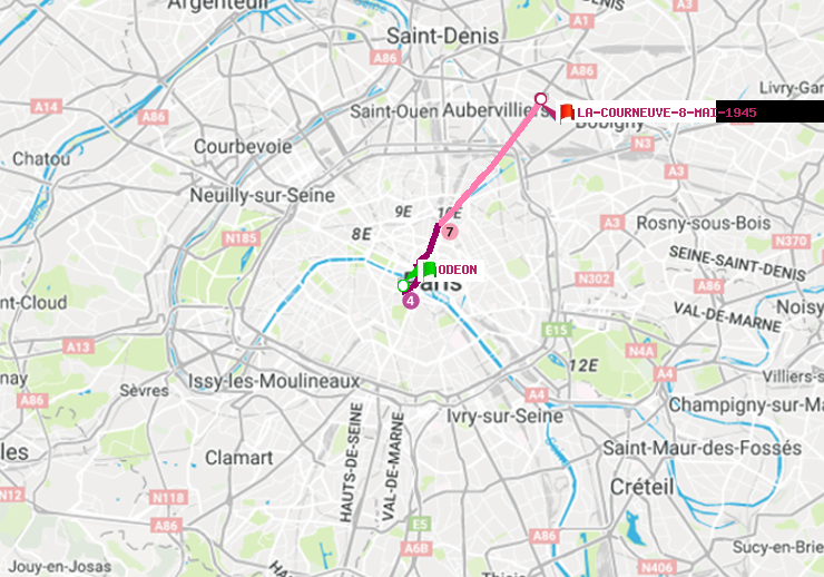 plan itinéraire ratp de Odéon à La Courneuve-8-Mai-1945