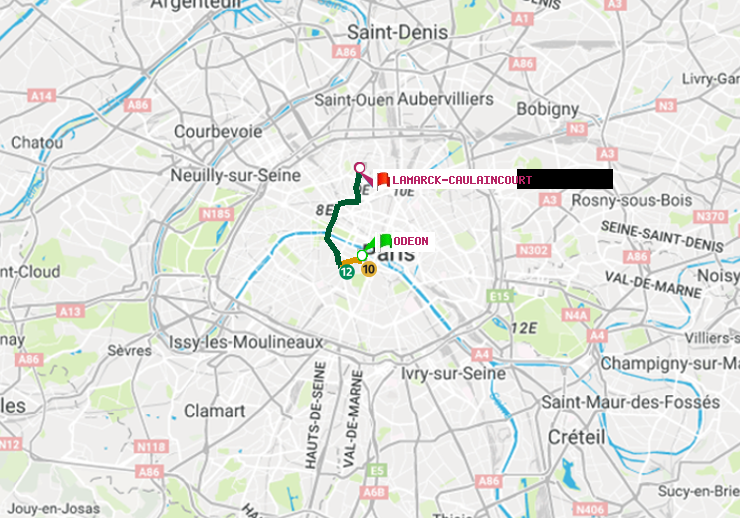 plan itinéraire ratp de Odéon à Lamarck-Caulaincourt