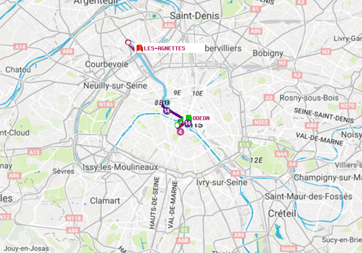plan itinéraire ratp de Odéon à Les Agnettes