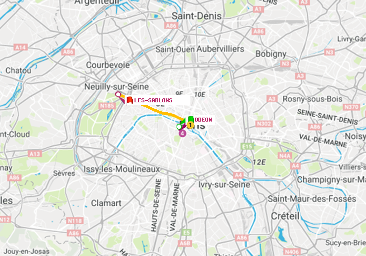 plan itinéraire ratp de Odéon à Les Sablons (Jardin d