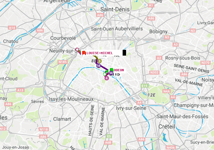 plan itinéraire ratp de Odéon à Louise Michel