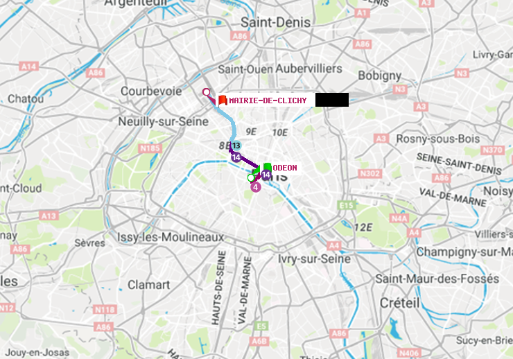 plan itinéraire ratp de Odéon à Mairie de Clichy