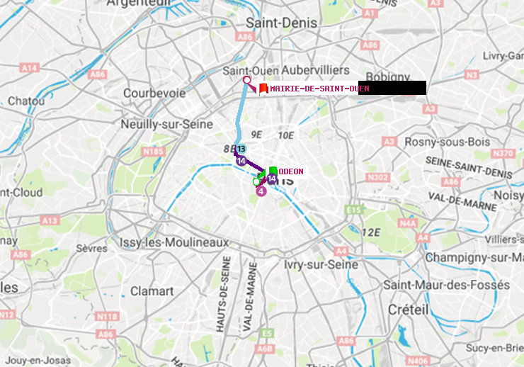 plan itinéraire ratp de Odéon à Mairie de Saint-Ouen