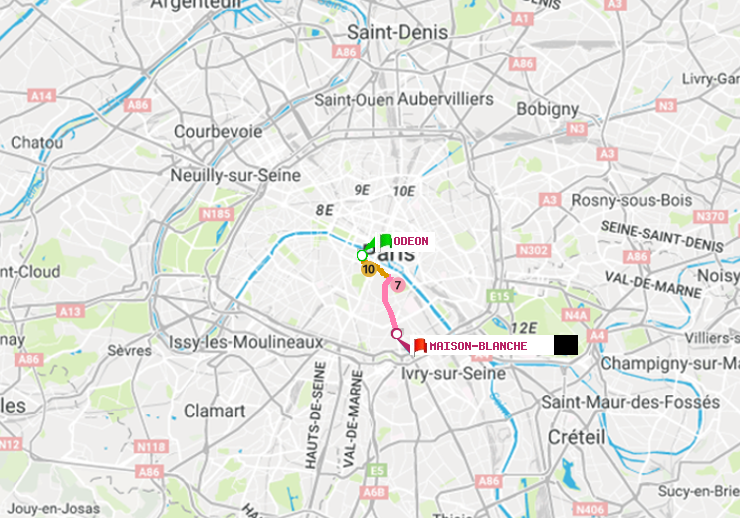 plan itinéraire ratp de Odéon à Maison Blanche