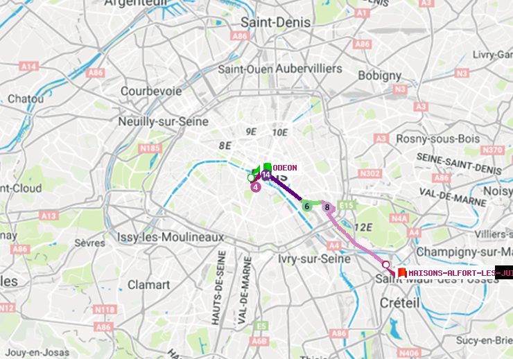 plan itinéraire ratp de Odéon à Maisons-Alfort-Les Juilliottes