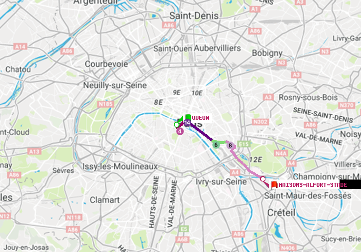 plan itinéraire ratp de Odéon à Maisons-Alfort-Stade