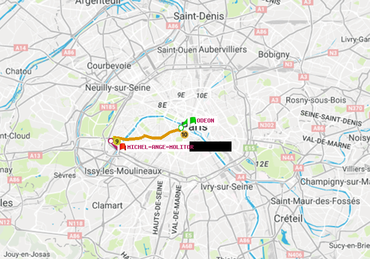 plan itinéraire ratp de Odéon à Michel-Ange-Molitor