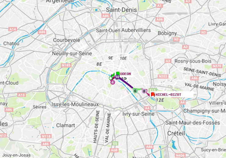 plan itinéraire ratp de Odéon à Michel Bizot