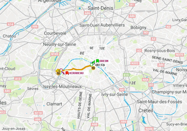 plan itinéraire ratp de Odéon à Mirabeau