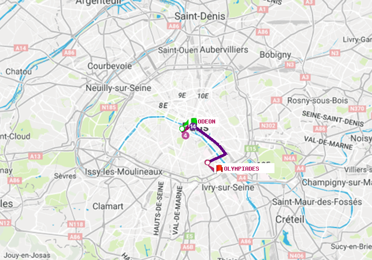 plan itinéraire ratp de Odéon à Olympiades