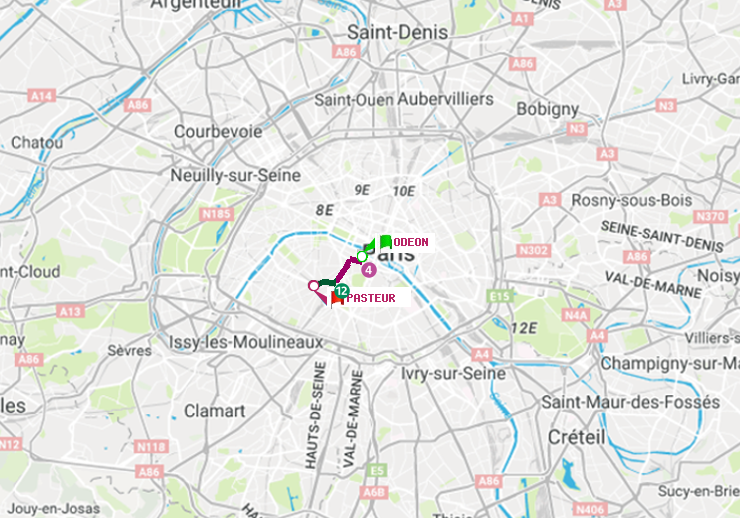 plan itinéraire ratp de Odéon à Pasteur