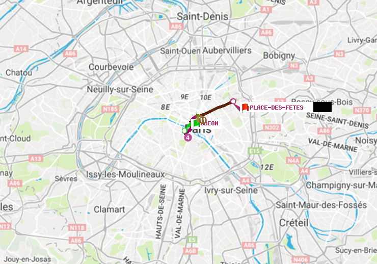 plan itinéraire ratp de Odéon à Place des Fêtes
