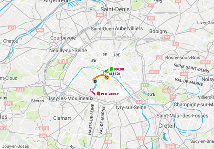 plan itinéraire ratp de Odéon à Plaisance
