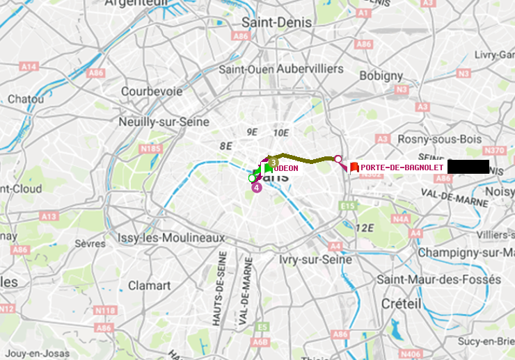 plan itinéraire ratp de Odéon à Porte de Bagnolet