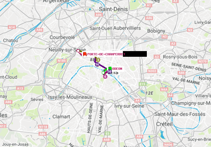 plan itinéraire ratp de Odéon à Porte de Champerret