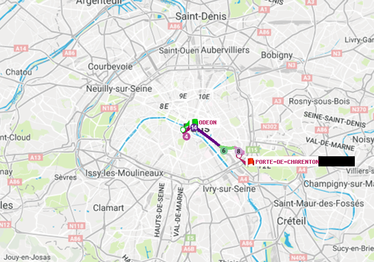 plan itinéraire ratp de Odéon à Porte de Charenton