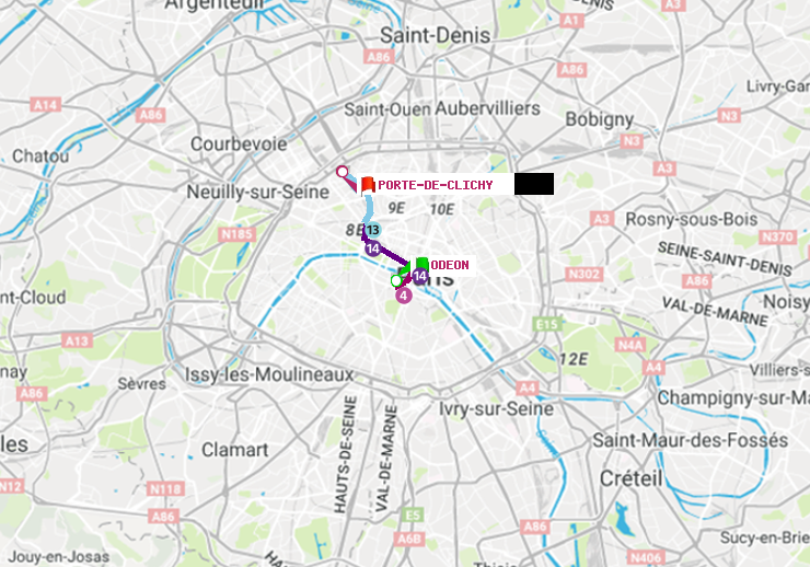 plan itinéraire ratp de Odéon à Porte de Clichy