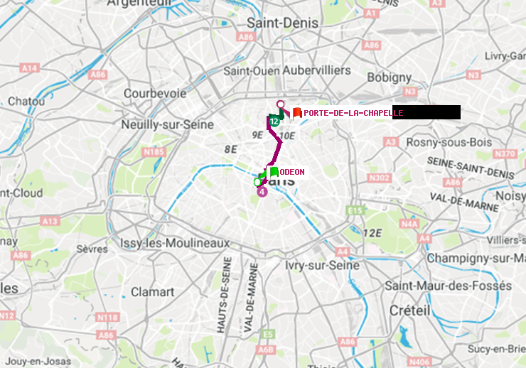 plan itinéraire ratp de Odéon à Porte de la Chapelle
