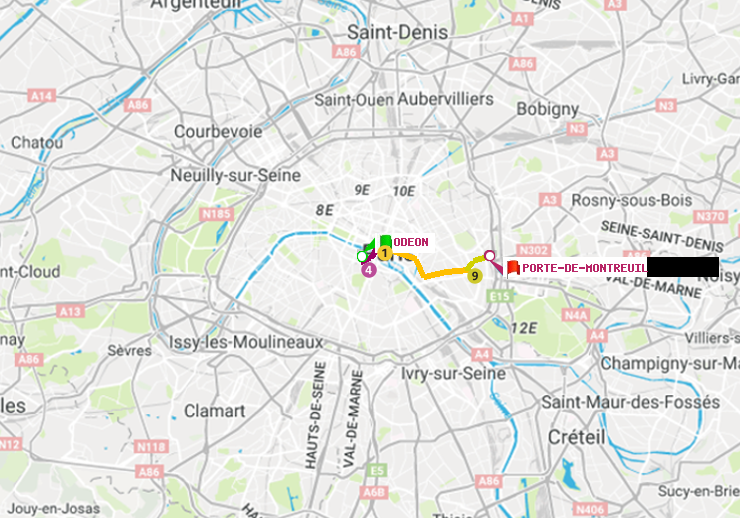plan itinéraire ratp de Odéon à Porte de Montreuil