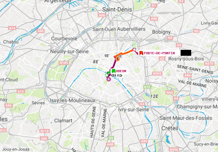plan itinéraire ratp de Odéon à Porte de Pantin