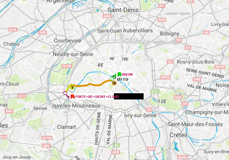 plan itinéraire ratp de Odéon à Porte de Saint-Cloud