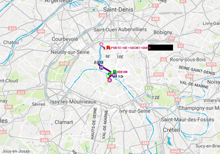 plan itinéraire ratp de Odéon à Porte de Saint-Ouen
