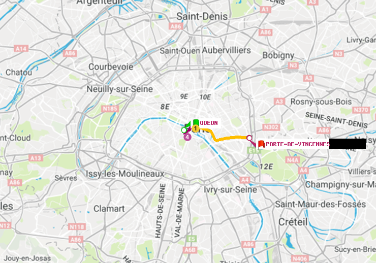plan itinéraire ratp de Odéon à Porte de Vincennes