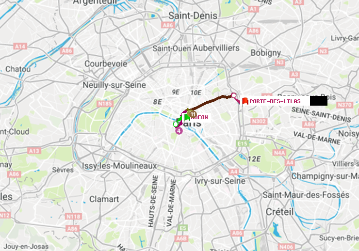 plan itinéraire ratp de Odéon à Porte des Lilas