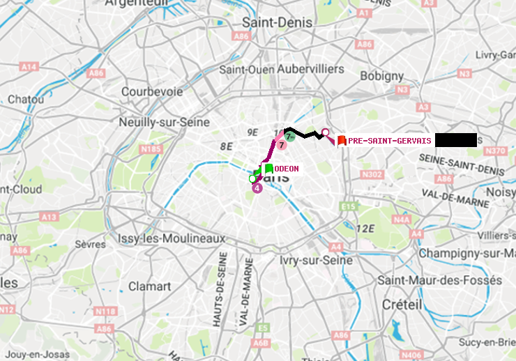 plan itinéraire ratp de Odéon à Pré-Saint-Gervais