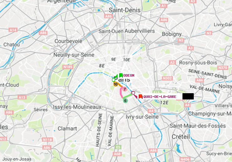 plan itinéraire ratp de Odéon à Quai de la Gare