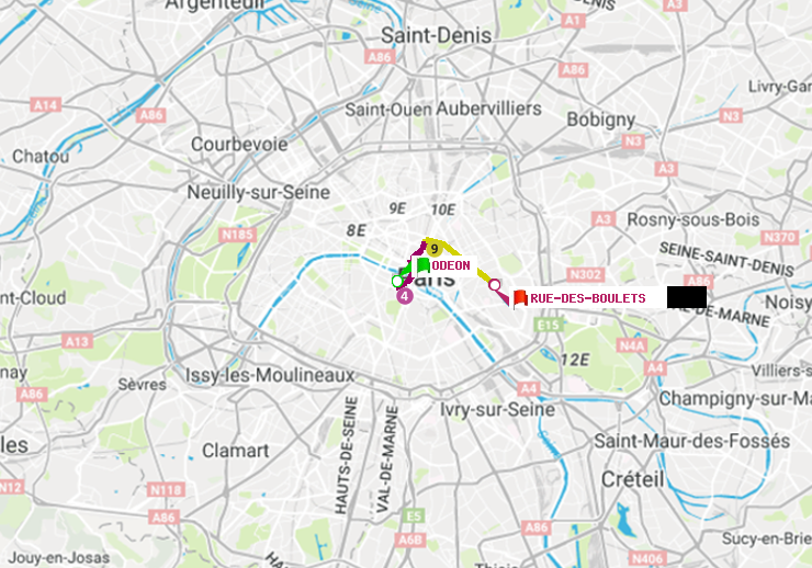 plan itinéraire ratp de Odéon à Rue des Boulets