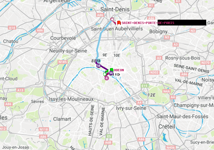 plan itinéraire ratp de Odéon à Saint-Denis-Porte de Paris