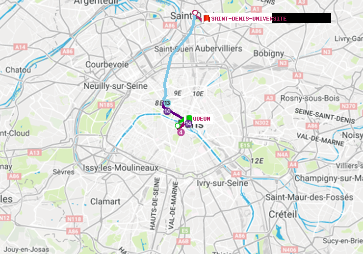 plan itinéraire ratp de Odéon à Saint-Denis-Universite