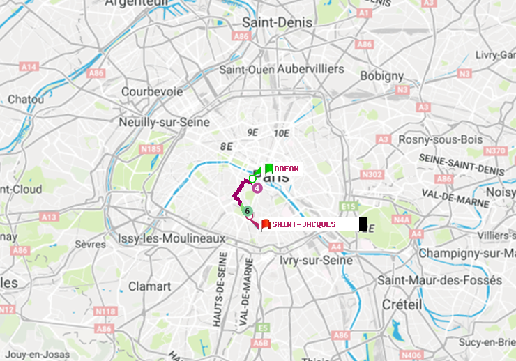 plan itinéraire ratp de Odéon à Saint-Jacques