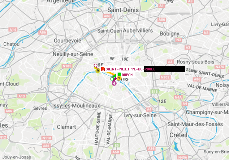 plan itinéraire ratp de Odéon à Saint-Philippe du Roule