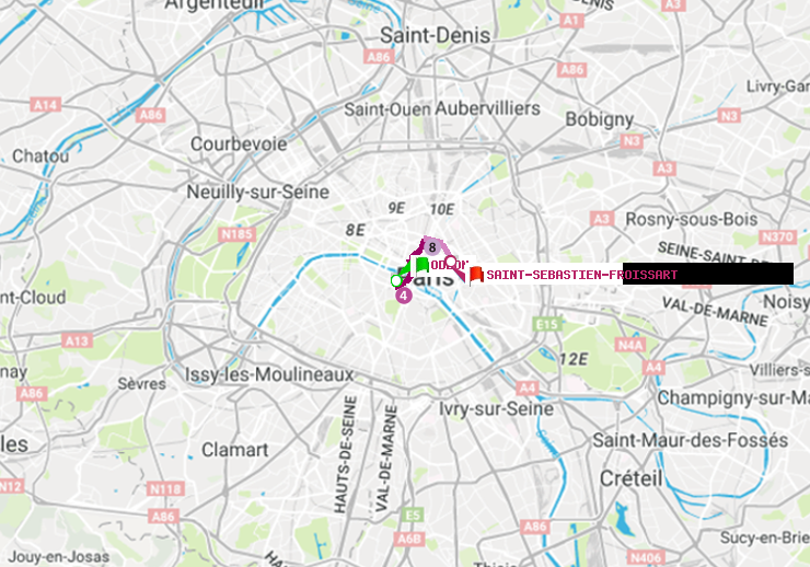 plan itinéraire ratp de Odéon à Saint-Sébastien-Froissart